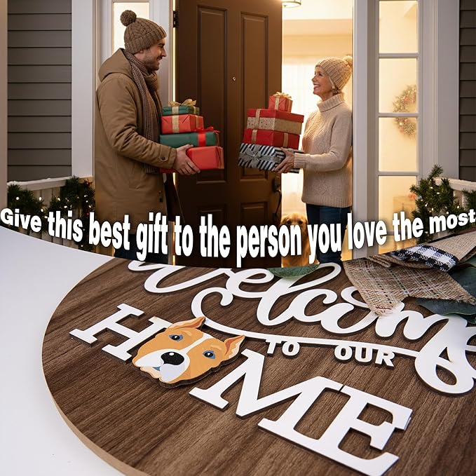 CondorPasea Interchangeable Welcome Door Sign with 16 Different Replaceable Patterns - 12" Round 3D Rustic Wooden Front Porch Decor, Artificial Leaves & Rustic Beads, Farmhouse/Classroom All Seasons Holiday (Christmas Halloween) Welcome Home Hanging Sign