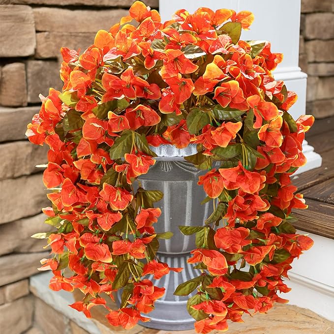HyeFlora Bougainvillea Artificial Hanging Flowers Plants for Outdoors Decoration, 2pcs Faux Bougainvillea Vines Orange Fake Flowers Realistic UV Resistant Silk Flowers for Outside Planter Yard Porch