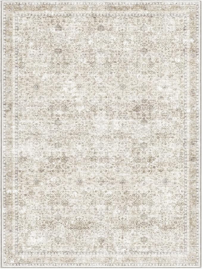 Sasttie 9x12 Area Rug, Ultra-Soft Washable Rug, Low Pile Foldable Thin Carpets with Non-Slip Backing, Skin-Friendly Stain Resistant Carpet for Living Room, Bedroom, Kitchen, Dorm, 9x12, Beige