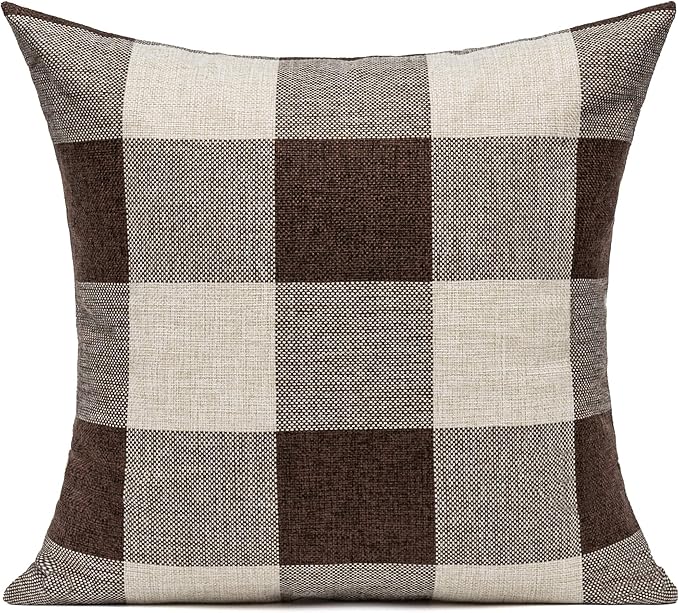 VAKADO Brown Beige Outdoor Farmhouse Buffalo Plaids Decorative Throw Pillow Covers Retro Checked Square Cushion Cases Classic Coffee Check Home Decor for Couch Sofa Patio 24s24 Inch Pack of 2