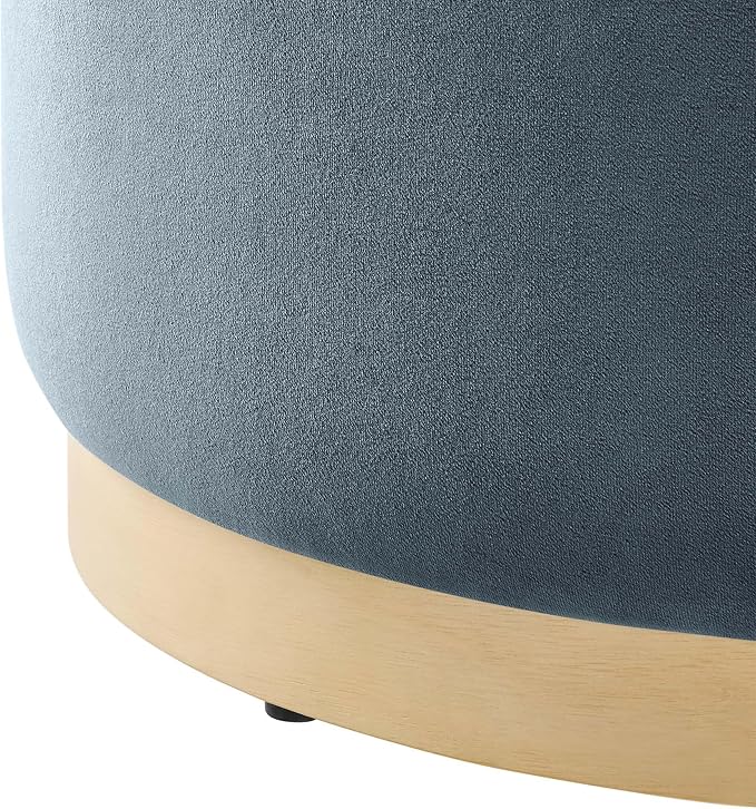 Modway Tilden 23 Inch Round Performance Velvet Upholstered Ottoman in Cadet Blue Natural - Round Ottoman Foot Rest with Rubberwood Plinth Base - Living Room Ottoman Side Table or Ottoman Coffee Table