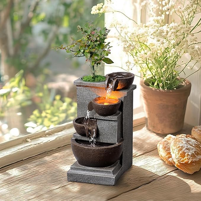Tolevoit Tabletop Water Fountain Resin Retro Four Cups Vintage Room Decor Lavatory Indoor Decoration Relaxation Waterfall Zen Ambience