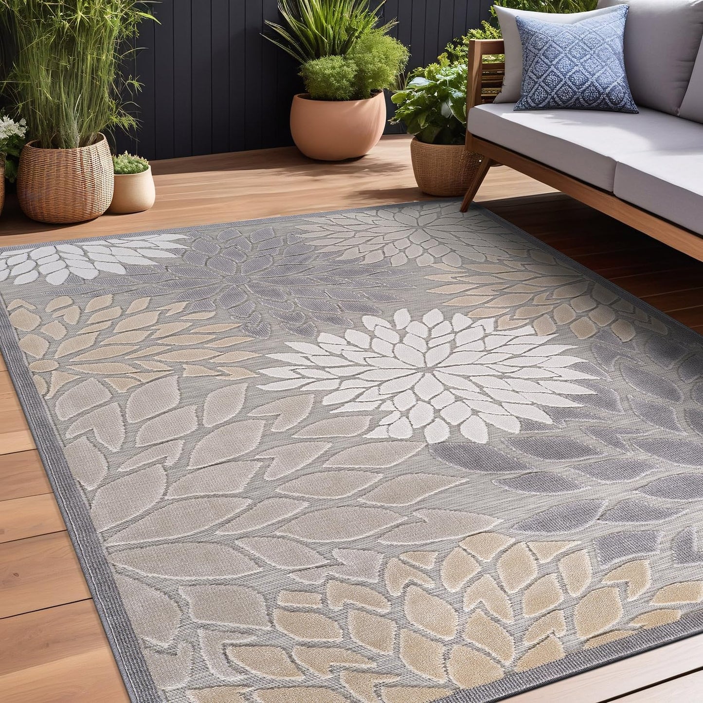 Beverly Rug Outdoor Rug 10x14 Large Modern Floral Tropical Area Rugs for Indoor and Outdoor Patio Easy to Clean Non Shedding Living Room Porch Garden Washable Outside Carpet (10 x 14 Gray)