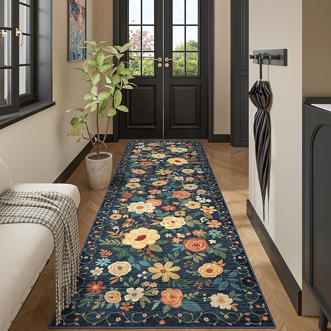 DUKINO Washable Runner Rug 2x12, Ultra Soft Floral Runner Rug for Hallway, Boho Non Slip & Non Shedding Indoor Entryway Carpet for Kitchen, Laundry Room, Bathroom, Bedroom, Entrance, Navy Blue