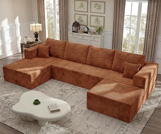 37.4'' Plush Fluffy Corduroy Ottoman for Boneless Couch in a Box, Modern Compressed Sofa, Small Comfy Rectangle Couch for Living Room, Bedroom, Orange, (Ottoman)