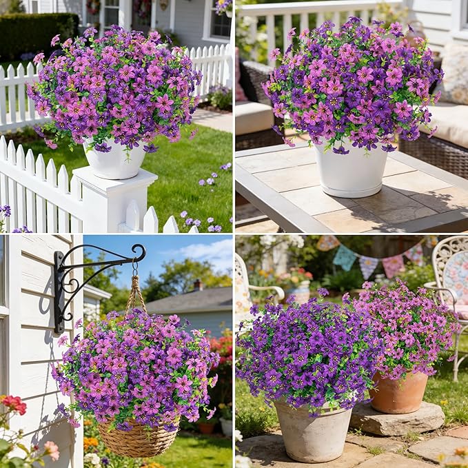 Ouddy Decor 24 Bundles Artificial Flowers for Outdoors Fake Silk Flowers Faux Plastic Plant UV Resistant for Spring Summer Porch Garden Yard Plants Wedding Indoor Outdoor Home Decoration, Purple Mixed