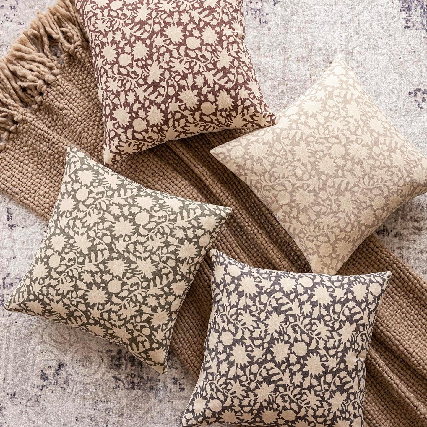 Foindtower Set of 2 Decorative Neutral Floral Throw Pillow Covers Accent Farmhouse Cushion Covers Boho Vintage Pillowcase for Couch Sofa Bedroom Living Room Home Decor Outdoor,20×20 Inch,Rustic Gray