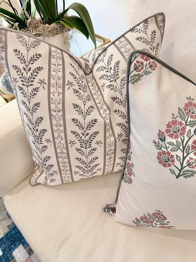 Jillien Harbor “The Campbell” Decorative Pillow Cover – Beige & Taupe Neutral Home Accent Pillow Cover with Ivory Background – Grandmillennial Home Decor, 20" x 20"