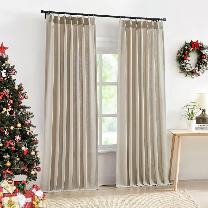 Central Park Sand Pinch Pleated Light Filtering Curtain Panel 108 Inches Linen Blended with Microfiber Liner Textured Window Treatment Sets for Living Room Bedroom with Back Tabs Hooks, 40"L x108"W x2