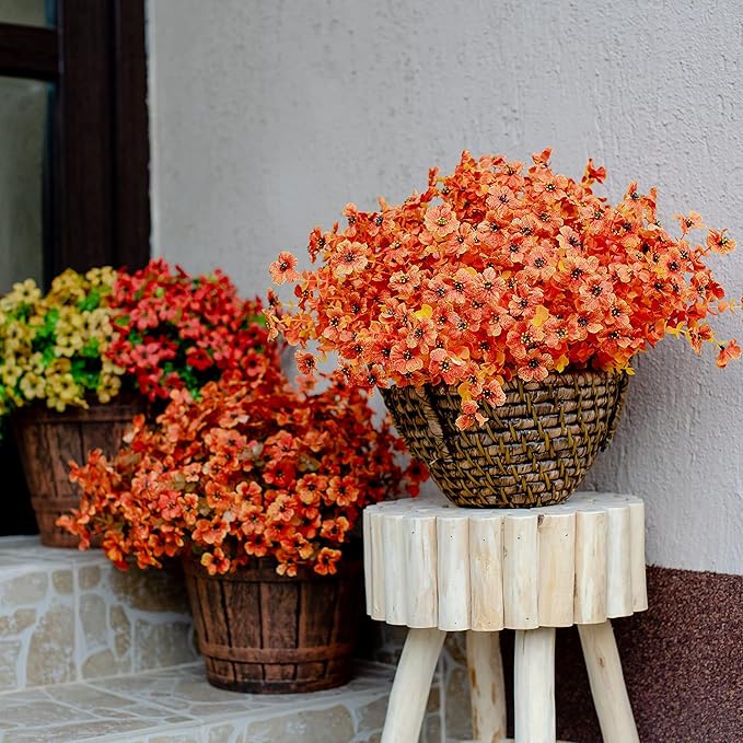 AXYLEX Artificial Fall Flowers Outdoor Fake Mums - 16 Bundles Fake Plants UV Resistant No Fade Faux Plastic Greenery Garden Porch Patio Fall Home Decor (Orangeyellow)