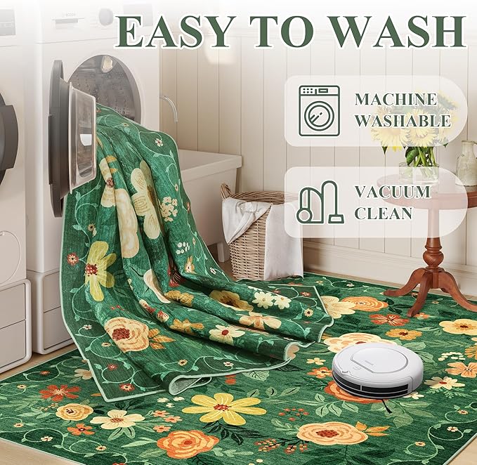 DUKINO Runner Rug, 2.6x8 Kitchen Rug for Hallway with Non Slip Backing, Washable Low Pile Soft Boho Floral Runner Carpet for Hallway, Kitchen, Entryway, Laundry, Bedroom, Dark Green