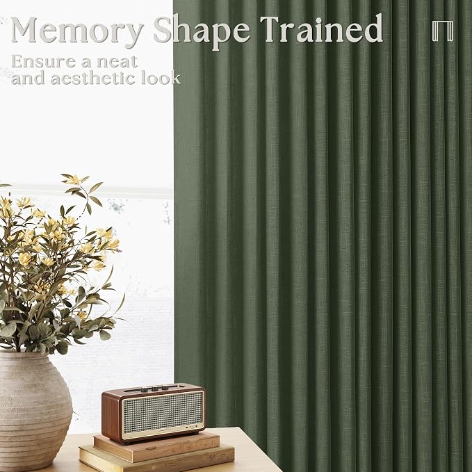 Thick Linen Olive Green Curtains 96 Inches Long for Living Room Bedroom Aesthetic Pinch Pleated Drapes with Hooks Rings Back Tab Light Filtering Ceiling Floor Custom Made Memory Trained Curtain Loden