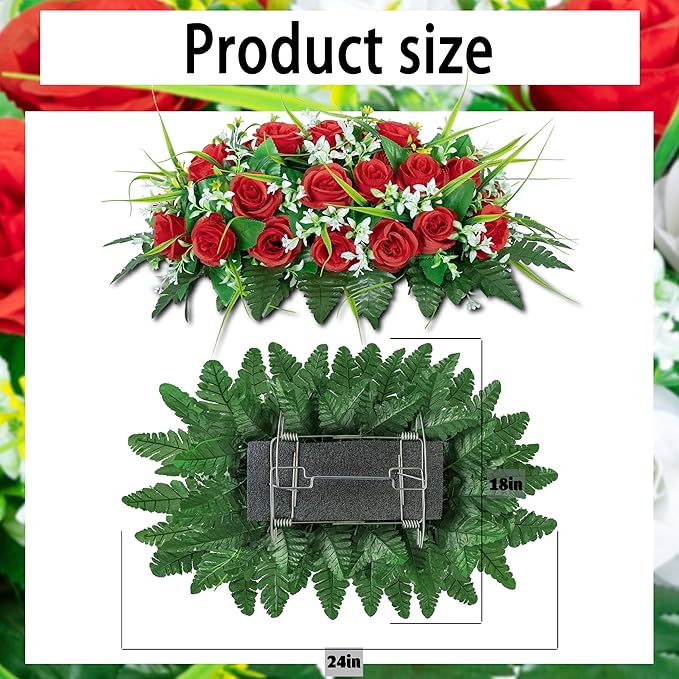 DONODA Cemetery Tombstone Flower Saddle - Outdoor Grave Decorations - Non-Bleed Colors, Rose Combination Flower (red Saddle)