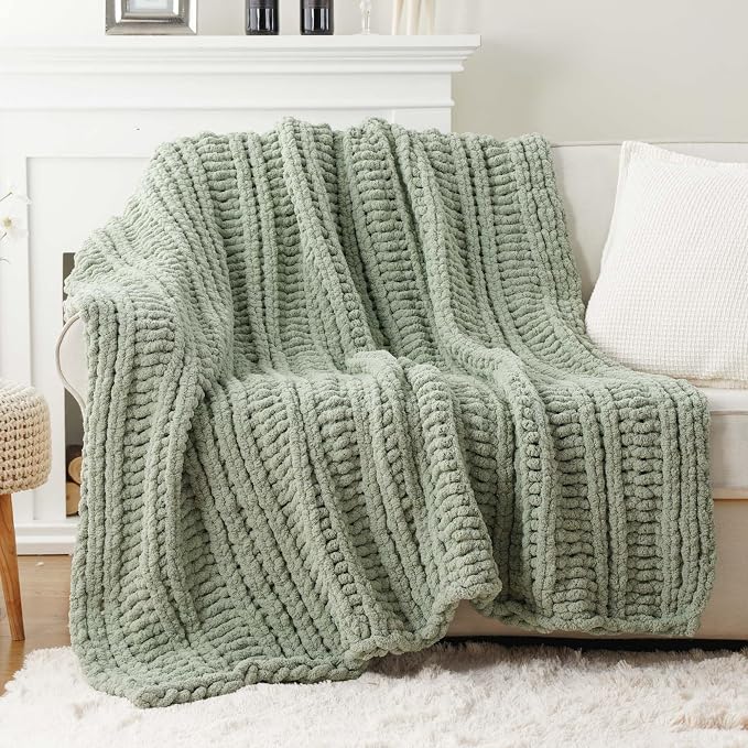 Battilo Chunky Knit Throw Blanket for Couch, 50"x60", Sage Green | Hand Knit, Gift Blanket, Cozy Warm Thick Soft Chenille Throw Blanket for Bed, Sofa, Chair, Living Room