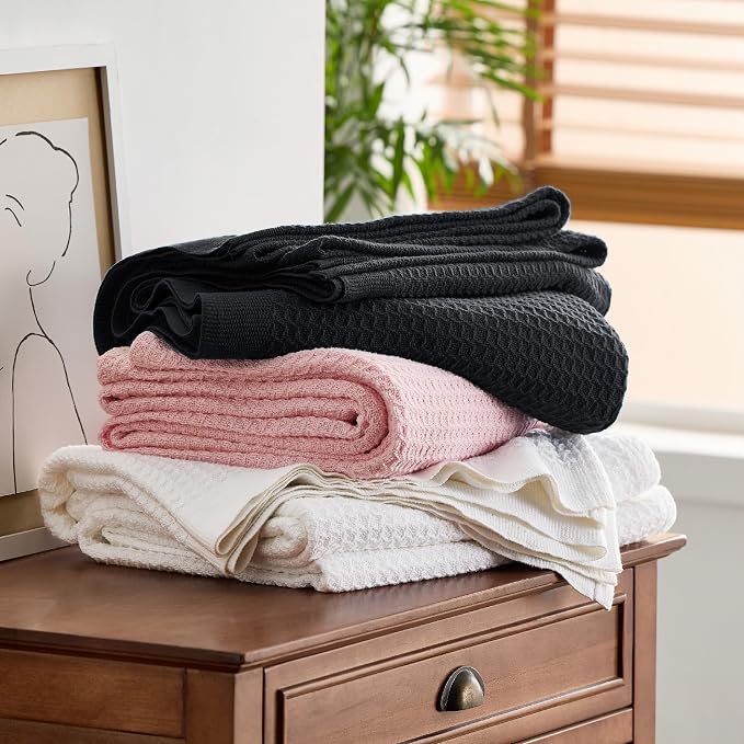 Bedsure 100% Cotton Blanket Full Size for Bed - Breathable and Soft for Summer, Thick Cozy Waffle Weave Blanket Gifts for Women, Black, 80x90 Inches