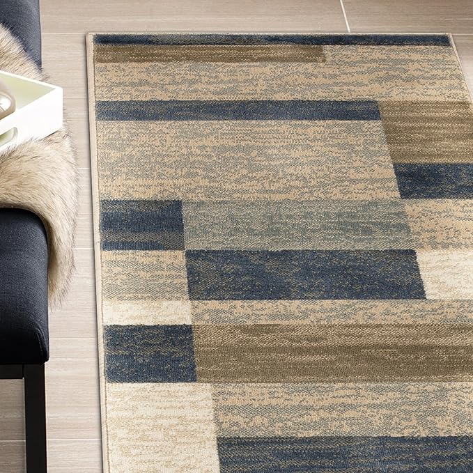 Superior Indoor Runner Rug, Jute Backed, Modern Geometric Patchwork Floor Decor for Bedroom, Office, Living Room, Entryway, Hardwood Floors, Rockwood Collection, 2' 7" x 8', Midnight Navy