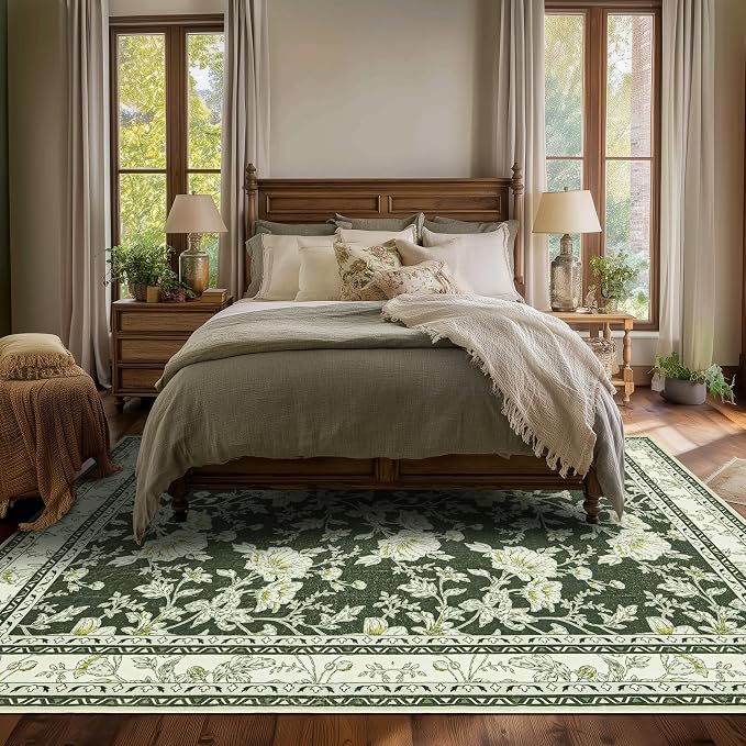 BILEEHOME Floral Area Rug for Bedroom 5x8 Olive Green and Cream Beige Vintage Boho Floral Sketch Style, Washable Low Pile Non Slip Area Rugs for Nursery Living Dining Room, Cozy Aesthetic Home Decor