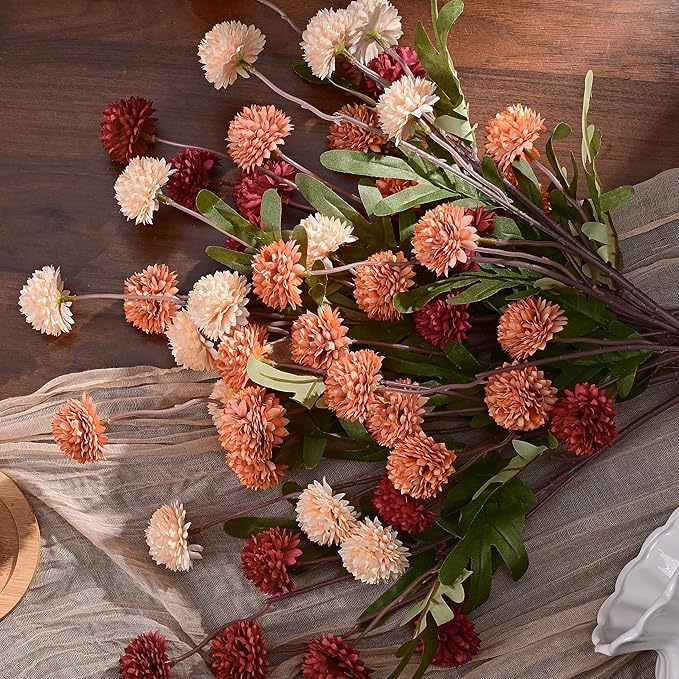 Waipfaru 10pcs Fake Silk Pompon Mum Artificial Fall Flowers, Faux Mini Chrysanthemums, Fall Decor for Centerpieces Wedding, No vase, Multicoloured