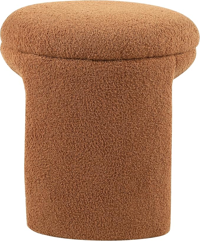 Furniture of America Rami Modern 18-inch Solid Wood Upholstered Ottoman with Pedestal Base, Vanity Stool Chair, Small Foot Stool for Bedroom, Living Room, Entryway, Saddle Brown