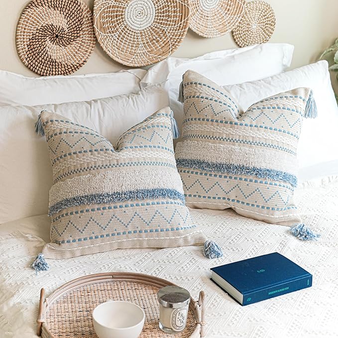 BlissBlush Decorative Throw Pillow Covers 20x20 Combo Set of 2 Square Coastal Blue Boho Accent Pillowcase Tassels Farmhouse Cushion for Couch Sofa Bedroom Living Room Home Décor Cover ONLY