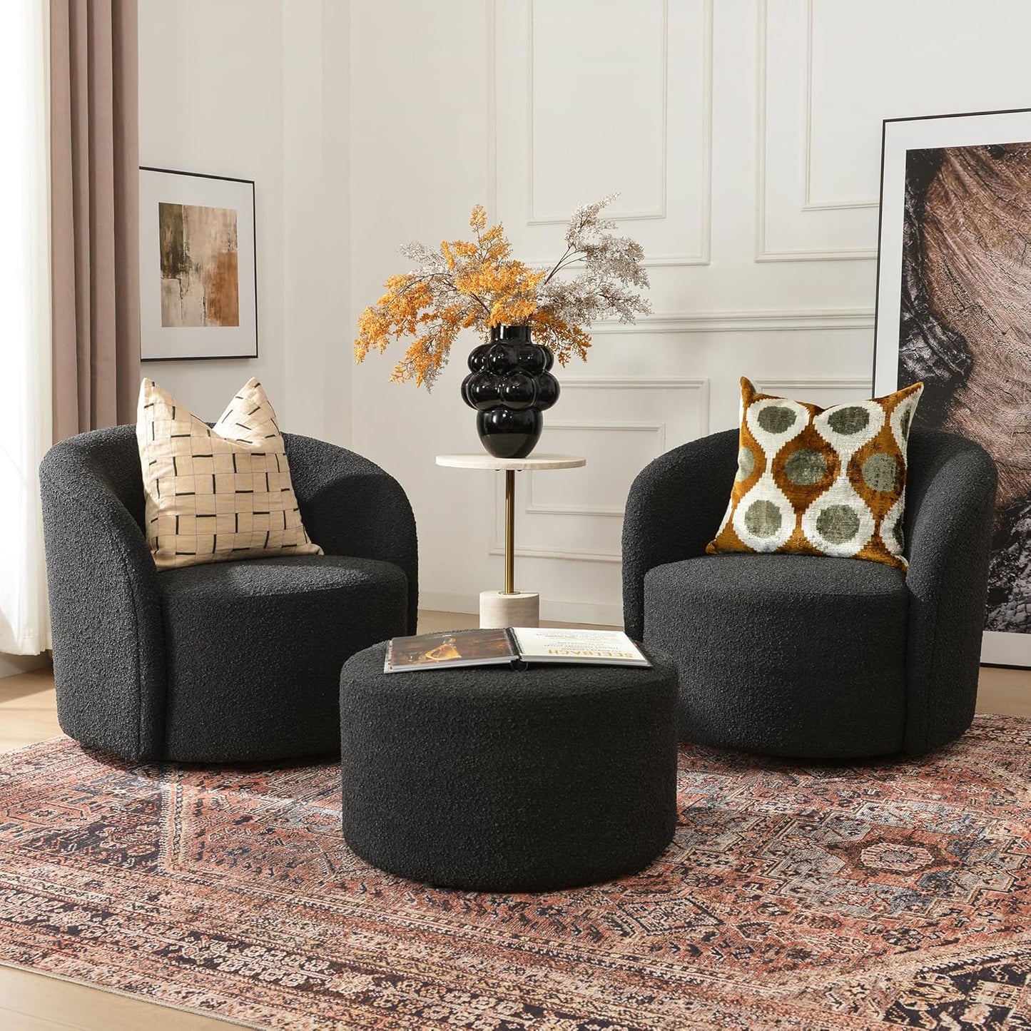 KINWELL 34" W Swivel Barrel Chair Set of 2, Mid Century Modern Round Upholstered Boucle Swivel Accent Chairs, No Assembly Sofa Chair for Living Room Bedroom Reading, Black