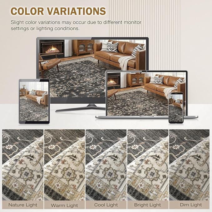 Area Rug for Living Room - 7x9 Soft Washable Oriental Vintage Floral Distressed Large Carpet - Fade Stain Resistant Non Slip Rugs for Bedroom Dining Room Nursery Dorm Office Home Decor - Black