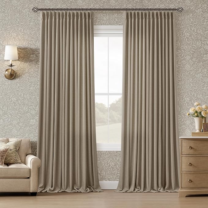 Pleated Linen Dark Flax Curtains 102 Inches Long 2 Panels for Living Room Bedroom Rustic Retro Farmhouse Textured Pinch Pleat Back Tab Track Semi Sheer Brown Ceiling Floor 102 Inch Curtain Drapes