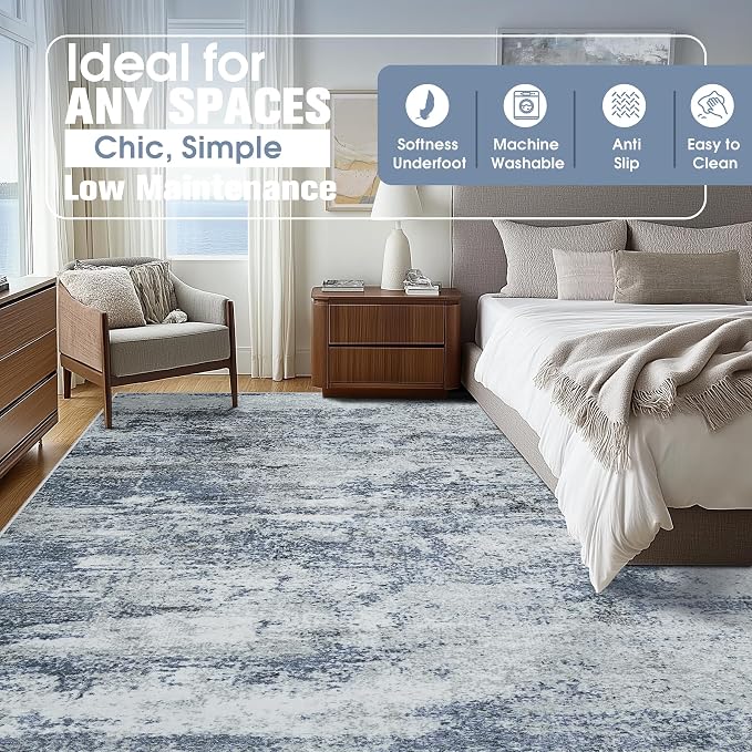 9x12 Area Rugs for Living Room Washable: Abstract Large Rug for Dining Room Bedroom Carpet Non Slip 9 by 12 Indoor Modern Nursery Home Office Blue Grey