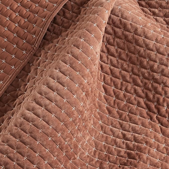Levtex Home - Velvet Stitch - Throw - Cross Stitch Velvet - Rust with White - Quilt (50x60in.) and Sham 50x60in. - Polyester