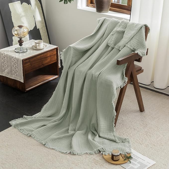 FOSSA Muslin Blanket 4-Layer 100% Cotton Gauze Blanket with Fringe 104"x90" | Super Soft Breathable Lightweight All Season & Decorative Blanket or Bed, Sofa, Office (Sage Green, King)