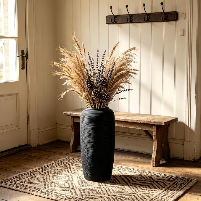 Large Rustic Ceramic Black Vase,15.7 Inch Tall Pottery Farmhouse Decor Floor Vase Vintage Flower Vases for Home Living Room Entryway Table Centerpiece Decor,Terracotta Vases,Wedding Gift