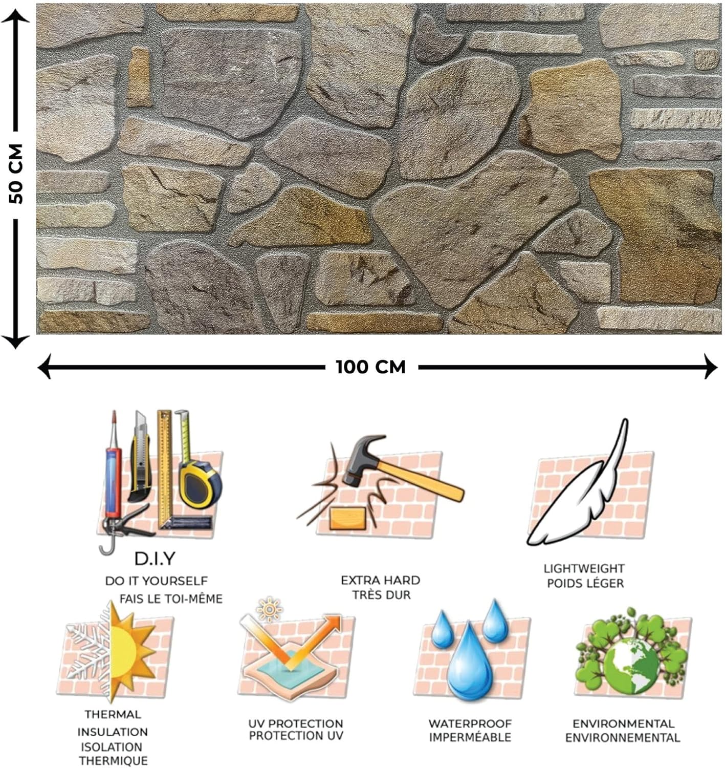 Dundee Deco 3D Wall Panels - Cladding, Grey Gold Stone Look Wall Paneling, Styrofoam Facing for Interior and Exterior Applications, DIY, Set of 10, Covers 54 sq ft