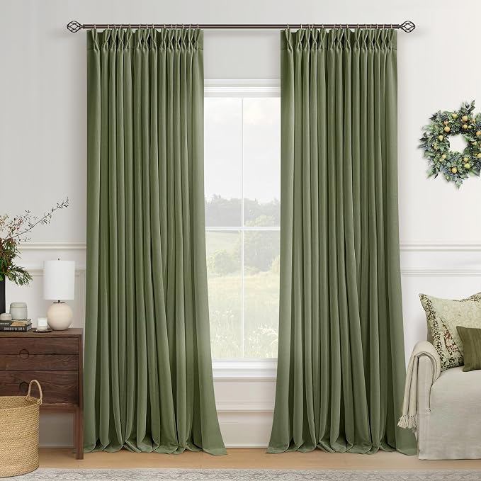Olive Green Pinch Pleated Linen Curtains 96 Inches Long for Living Room 2 Panel Set Semi Sheer Light Filtering Pinch Pleat Rings Hooks Drapes Farmhouse Rustic Moss Moody Green Curtain Bedroom Window