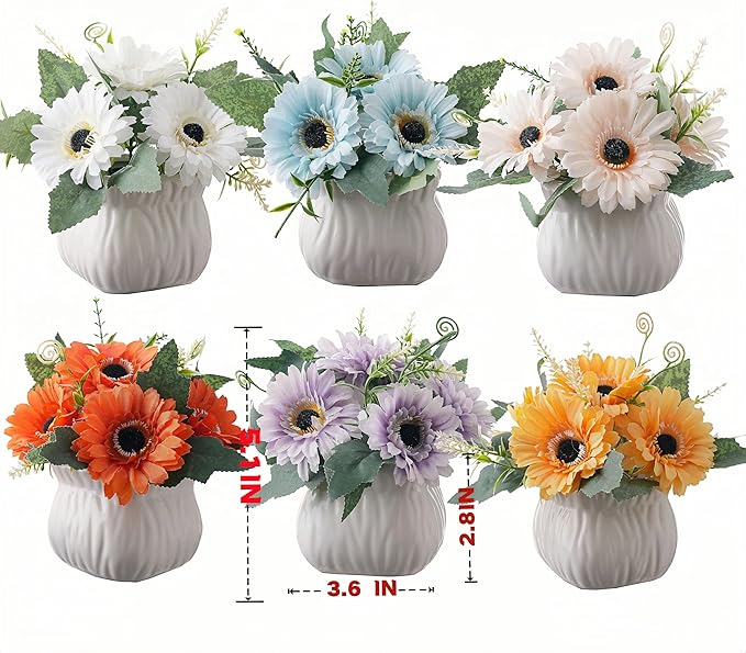 Donmills 6PCS Artificial Sunflower with Ceramic Vases – Spring Centerpiece Table Decorations, Faux Sunflower Floral Arrangements for Coffee Table, Dining Room, Kitchen & Farmhouse Home Decor