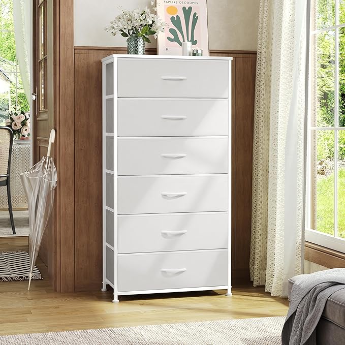 Crestlive Products Dresser for Bedroom with 6 Drawers, Tall Chest of Drawers, White Dressers Bedroom Furniture, Storage Organizer Unit with Bins for Closet, Hallway, Living Room, Entryway