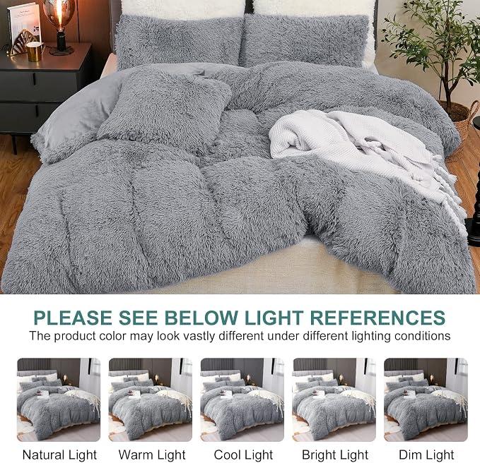 Fluffy Plush Duvet Cover Set King Size, Luxury Ultra Soft Velvet Fuzzy Comforter Cover Bed Sets 4Pcs(1 Faux Fur Duvet Cover + 2 Pillow Cases + 1 Pillow Cover) Zipper Closure (King, Light Gray)