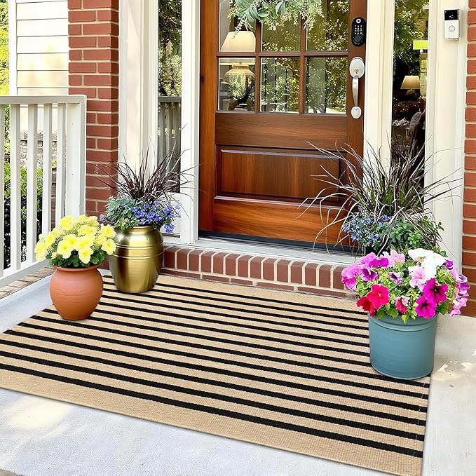 OLANLY Brown and Black Striped Rug 2' x 3' (24" x 36") – Washable Cotton Doormat for Indoor Outdoor Use, Layered Front Porch Rug for Entryway, Kitchen, Patio