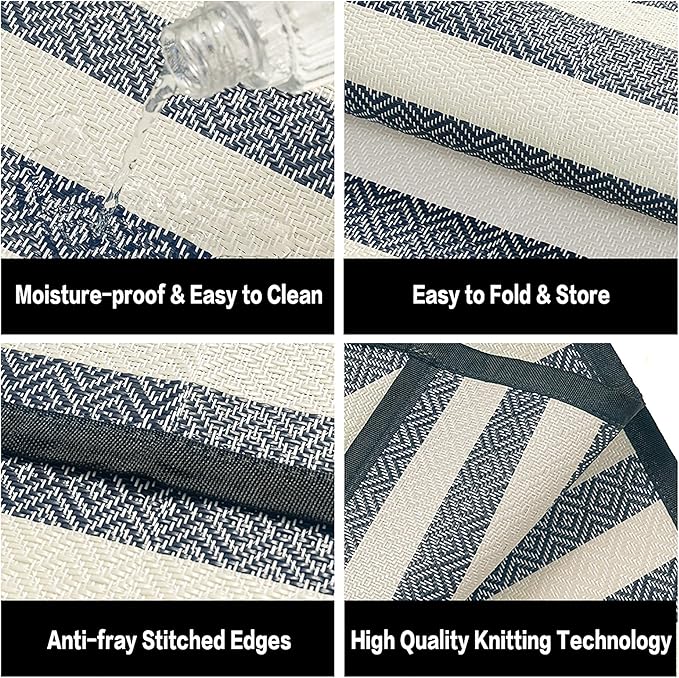 HUGEAR 9'x12' Outdoor Rug Waterproof Plastic Straw Rugs Large Blue Stripe Reversible Mat Floor Carpet for Camping RV Deck Entryance Porch Picnic Balcony Beach Backyard