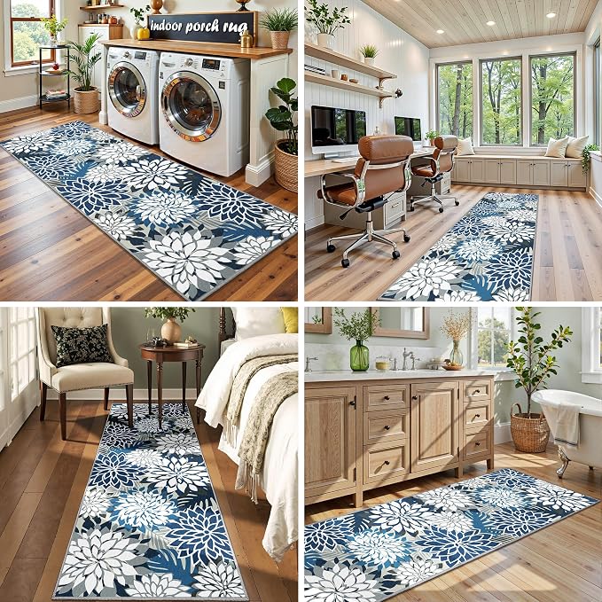 2x6 Washable Runner Rug for Hallway Tropical Botanical Modern Floral Chenille Kitchen Rugs Low Pile Non Slip Carpet for Patio, Bedroom, Laundry, Blue