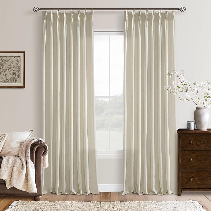 Sand Beige Linen Curtains 102 Inches Long for Living Room Pinch Pleated Drape Hooks Rings for Track System Back Tab Light Filtering 102 Inch Curtain for Bedroom Sliding Patio Door 2 Panels 50x102
