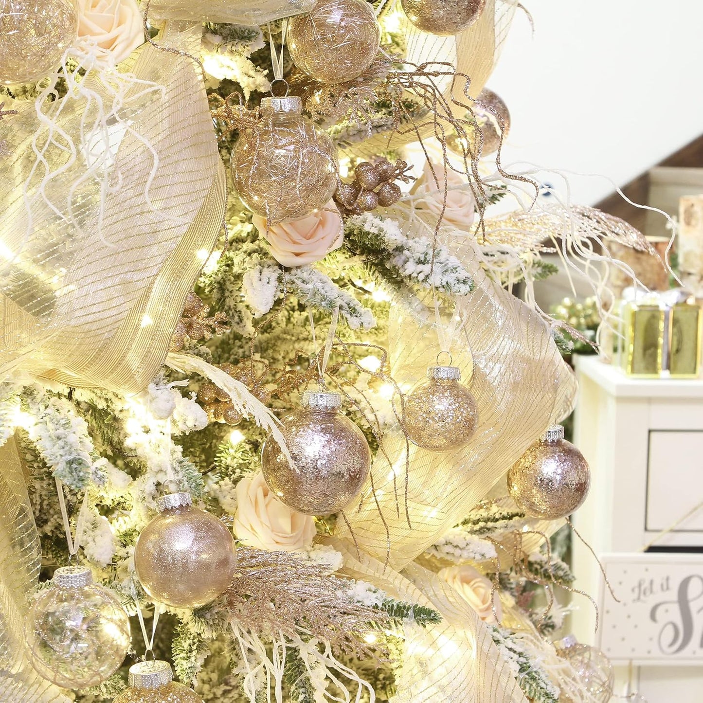 Sea Team Christmas Baubles Set Clear Plastic Shatterproof Multi-Size Decorative Christmas Balls with Stuffed Delicate Decorations (48 Pieces, Rose Gold)