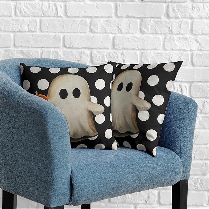 Cute Ghost Halloween Decor Pillow Covers White and Black Halloween Pillow Covers Ghost with Pumpkin Pillow Case 24x24 Set of 2 Horror Scary Cushion Case for Home Sofa