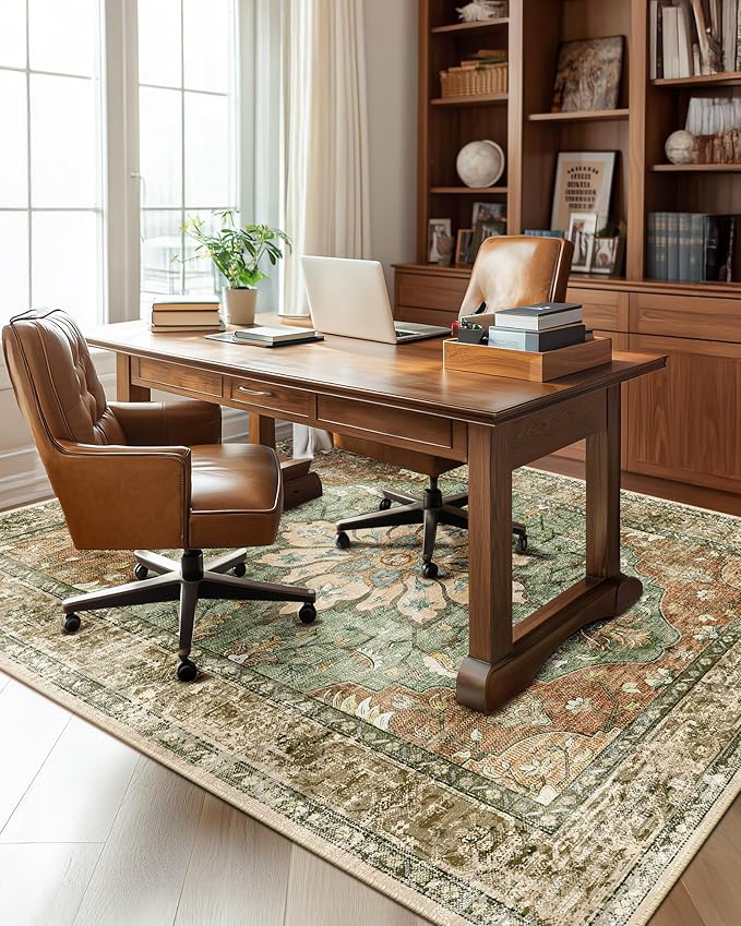 RELEANY Area Rugs 5'x8' Washable Non-Slip, Floral Vintage Distress Print Pattern Medallion Carpet for Living Room Bedroom Dining Room, Brick Red Rust Neutral Brown Burnt Orange Green
