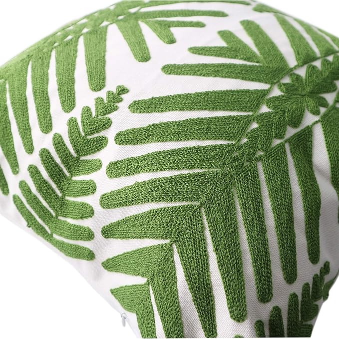 Tropical Leaf Embroidery Throw Pillow Covers 18x18 Inches Decorative Floor Pillow Cover for Couch Green Leaf 100% Cotton Cushion Cover Symmetric Palm Leaves Embroidered 45x45cm, 1 Piece