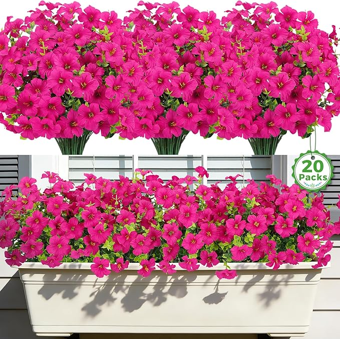 20 Bundles Artificial Petunias Flowers for Outdoors, Faux Silk Flowers UV Resistant Realistic Fake Plants for Outside Planters Porch Patio Yard Garden Spring Summer Home Decor, Fuchsia
