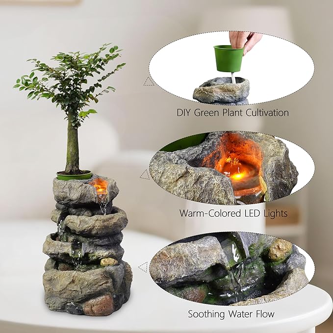 Kalona Tabletop Waterfall Fountain Rockery Fountains Soothing Sound Tabletop Fountains Home/Office Decor with a Small Plastic Pot to Grow The Plant by Yourself(Automatic Watering)(22020)