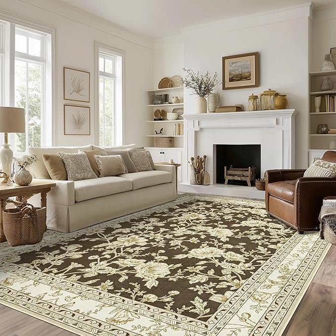 Large Neutral Brown Area Rug 10x12 for Living Room Earth Tone Cream Khaki Pattern Modern Boho for Bedroom Soft Vintage Area Rug Farmhouse Floral Carpet for Dining Room Guest Bedroom Home Decor