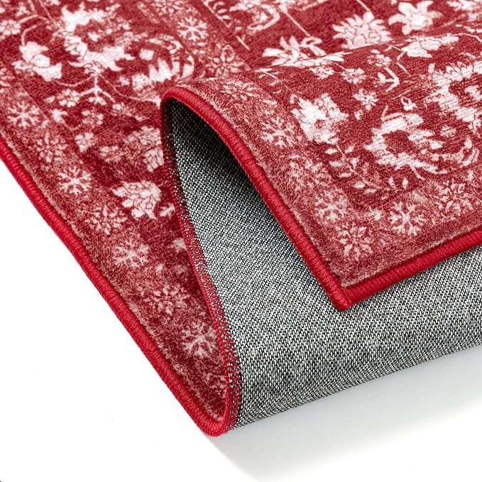 PureCozy Red Area Rug 4x6 Entryway Washable Non Slip Bedroom Carpet Door Mat Vintage Distressed Floral Accent Rug Low Pile Holiday Decorative Soft Doormat for Bathroom Laundry Kitchen