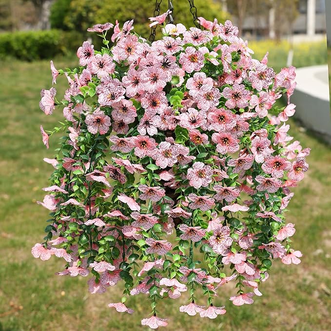 HyeFlora Artificial Hanging Flowers Basket for Outdoor, Fake Flowers Faux Plants Look Real for Yard Gardens Porch Patio Home (Pink)