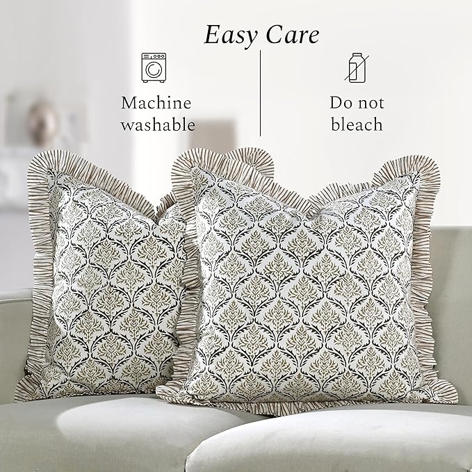 CPC Sandstone Regal Hand Block Print 100% Cotton Ruffle Throw Pillow Cover 18x18 inch with Hidden Zipper Decorative for Couch, Bed, Sofa, Farmhouse, Cottagecore Decor Gift Christmas Fall Thanksgiving